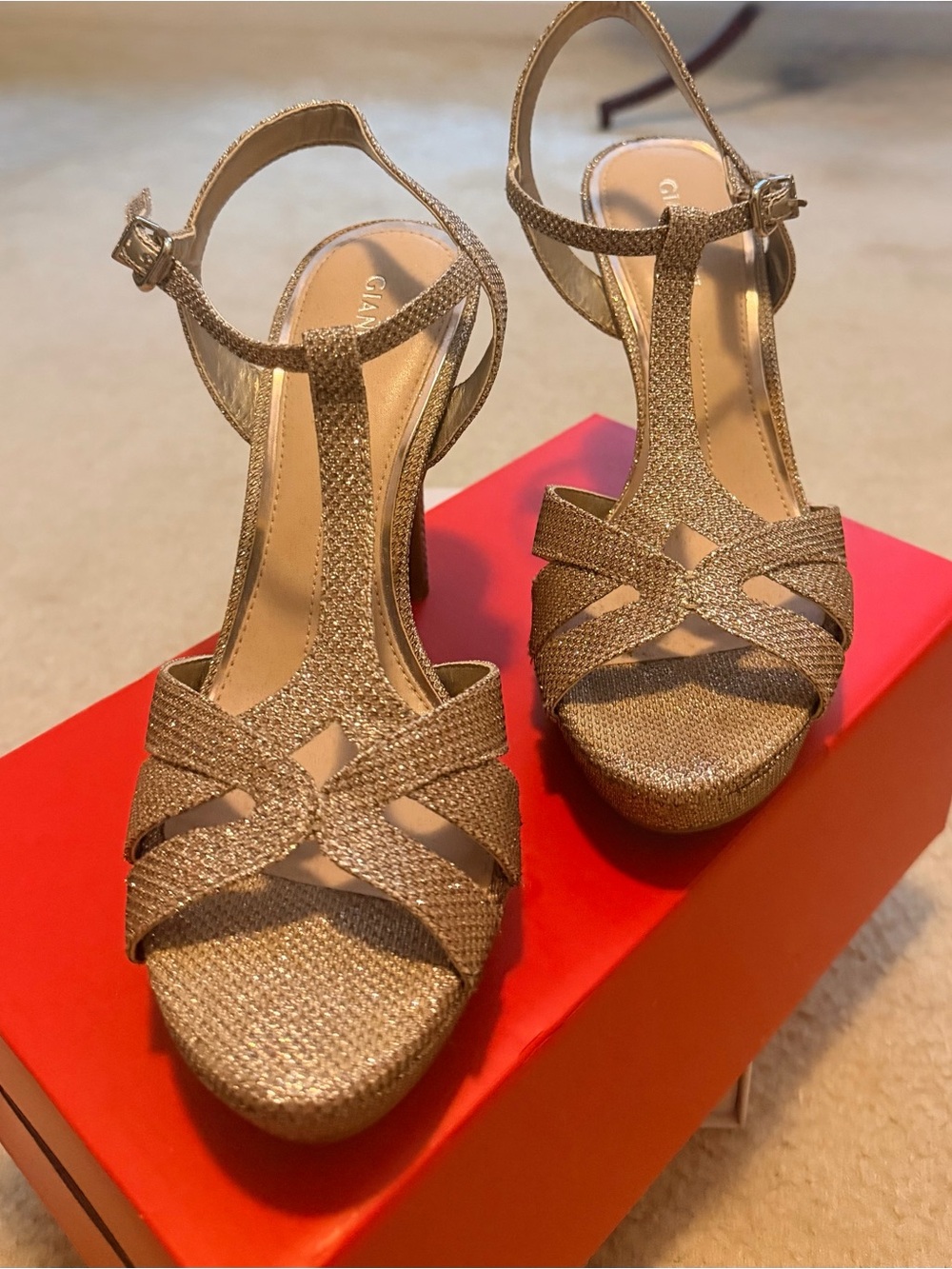 Gianni Bini Metallic Gold Woven T-Strap Platform Heels